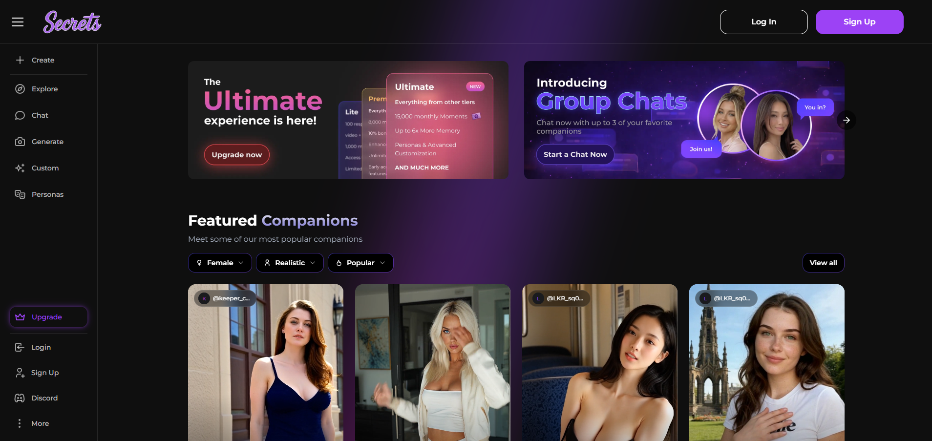 Page d accueil de Secrets.ai compagnon IA avec generation d images