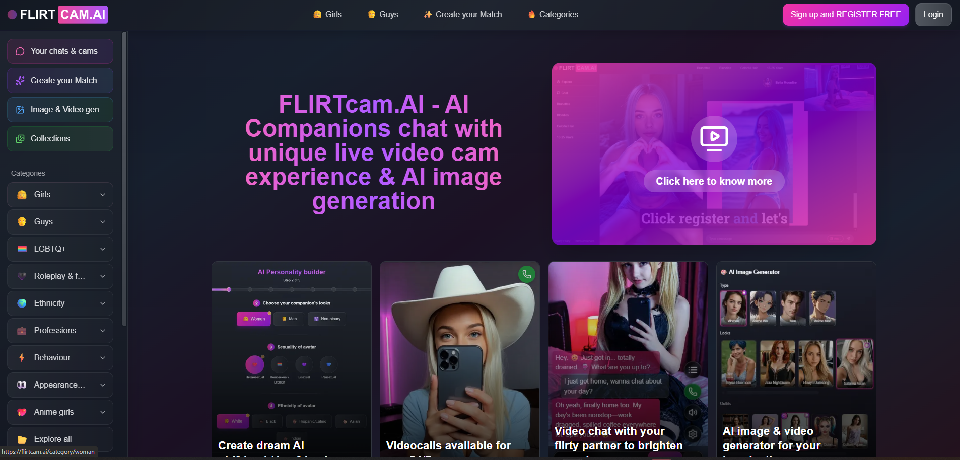 Page d accueil FlirtCam.ai, compagnons IA en live video cam